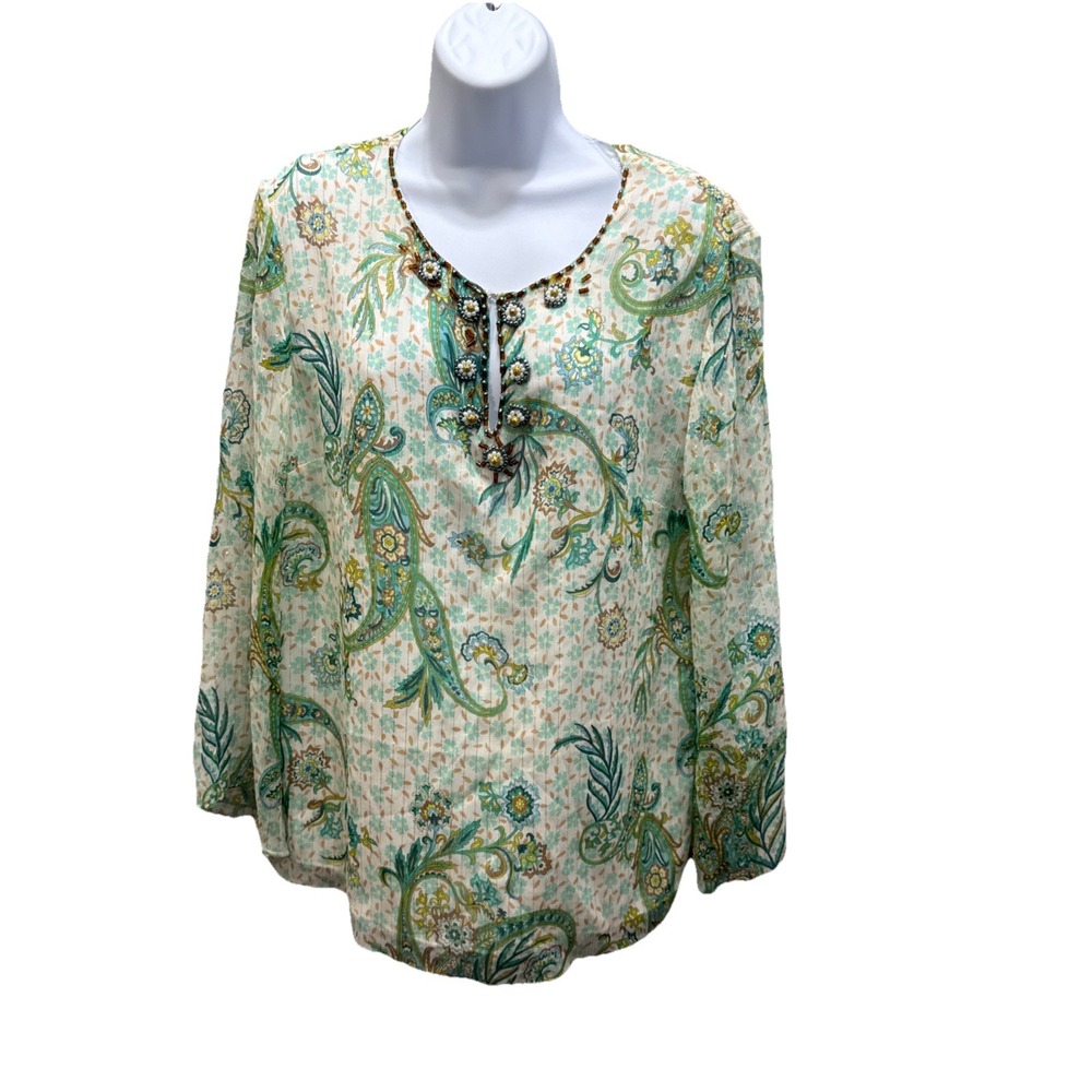 Chadwicks‎ Top Womens 16 Silk Blend Paisley Floral Beaded Embellished Boho Fairy